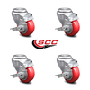 Service Caster 3 Inch Red Polyurethane Wheel Swivel Bolt Hole Caster Set with Brake SCC SCC-BH20S314-PPUB-RED-TLB-4